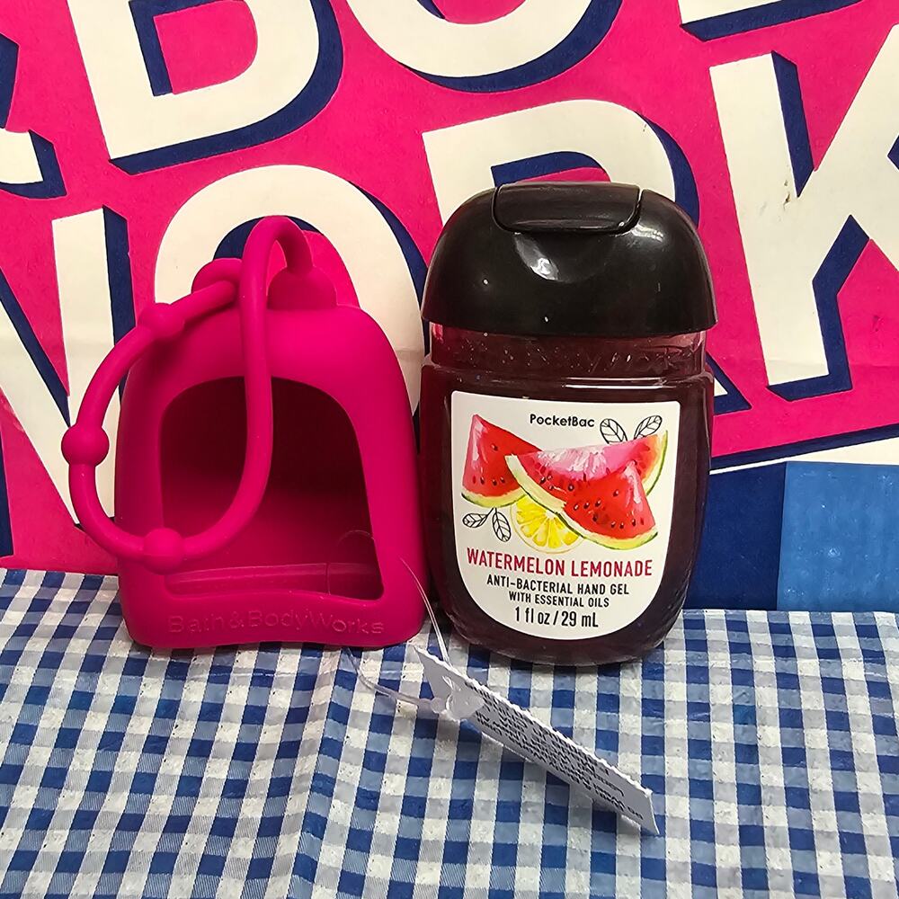 BBW Pinkish Red Rubber Pocketbac Holder & Watermelon Lemonade Refill Keychain